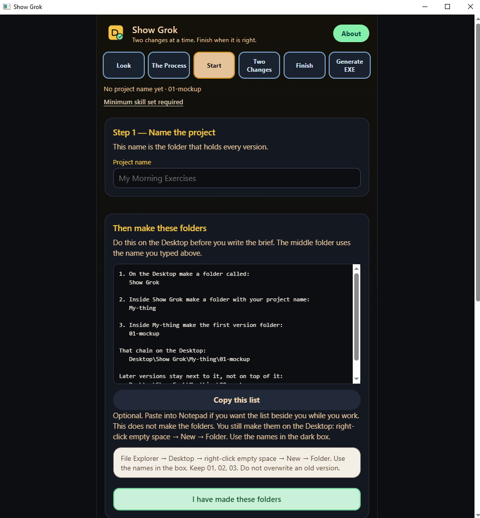 Show Grok Start tab: name the project and make folders